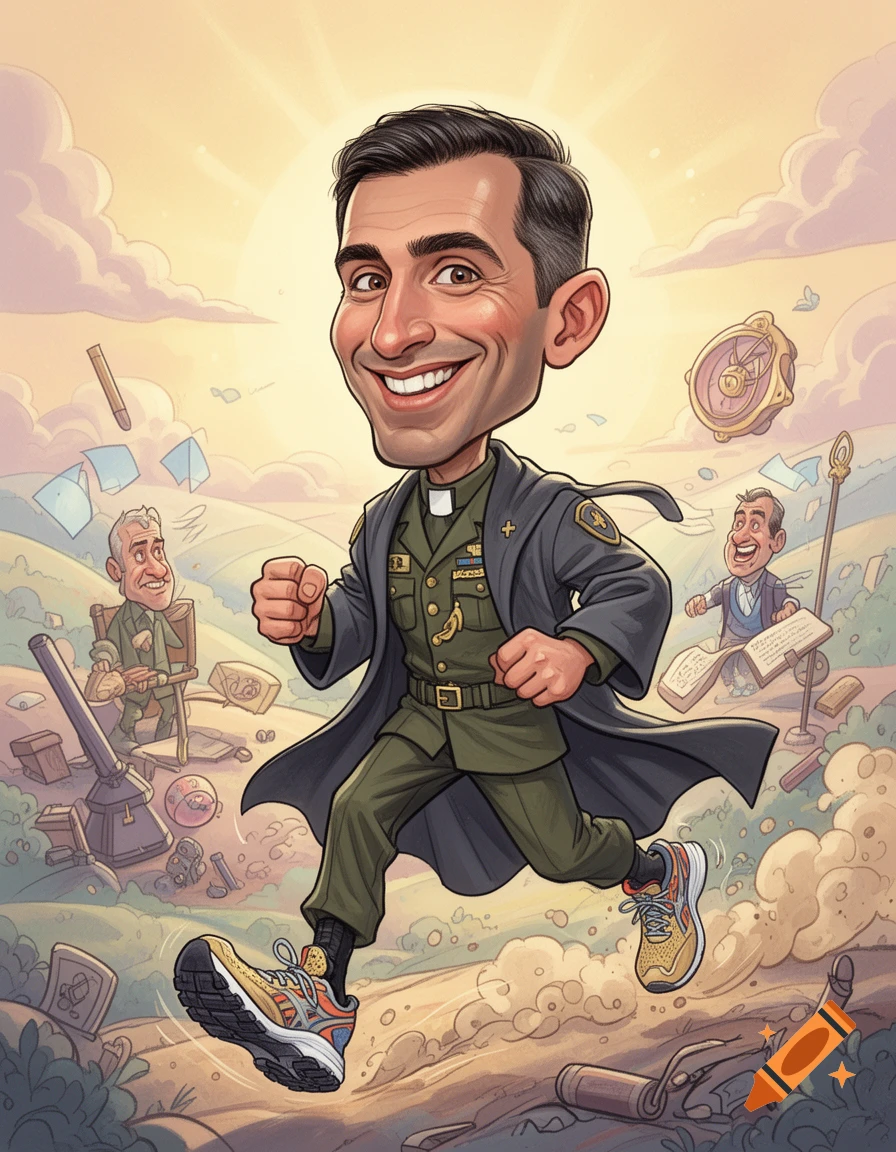A smiling caricature of a man in a military chaplain's uniform and running shoes, running through a sunny, pastoral landscape with other cartoon figures in the background.