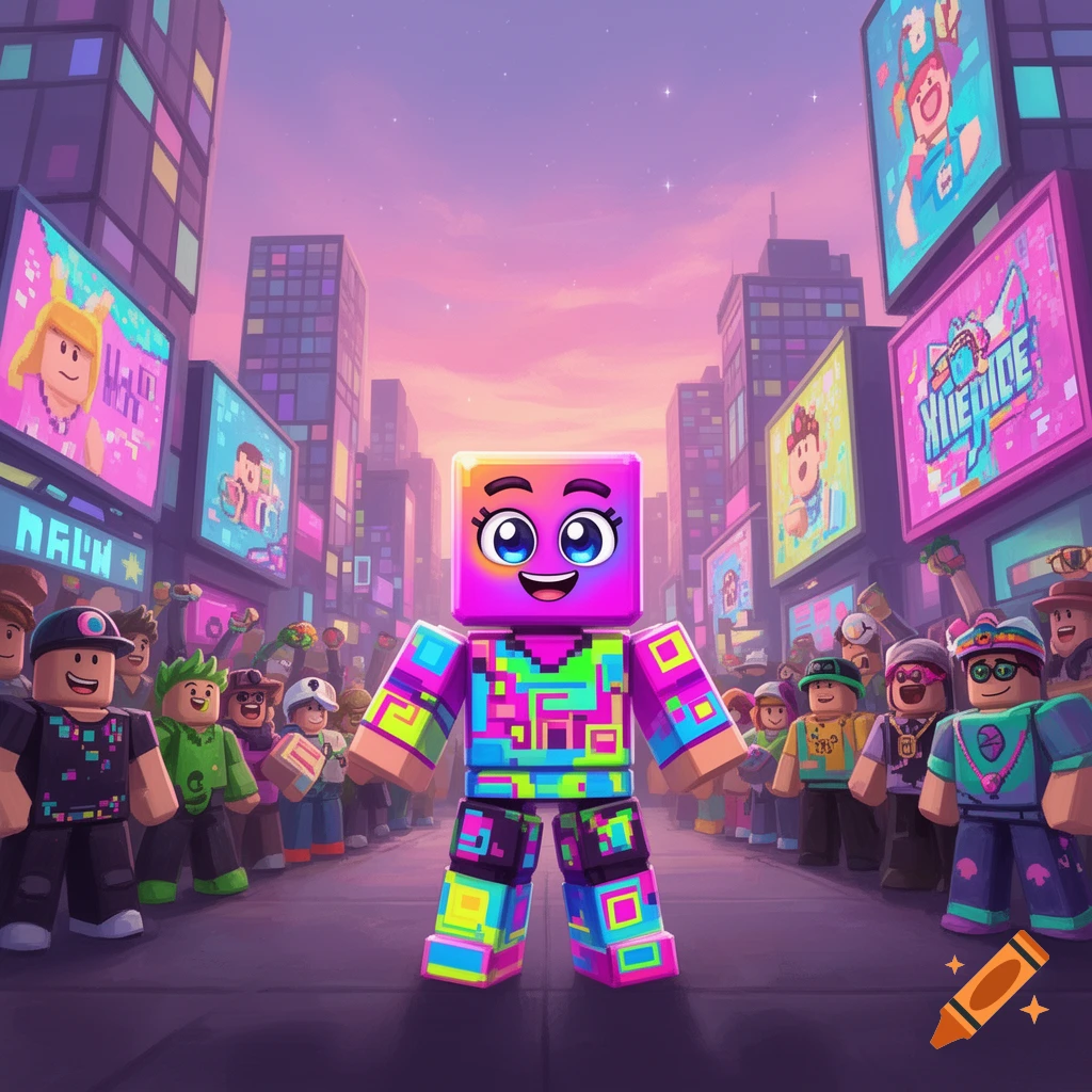 A colorful, blocky Roblox-style character with a smiling face stands in a vibrant city street lined with billboards and other characters.