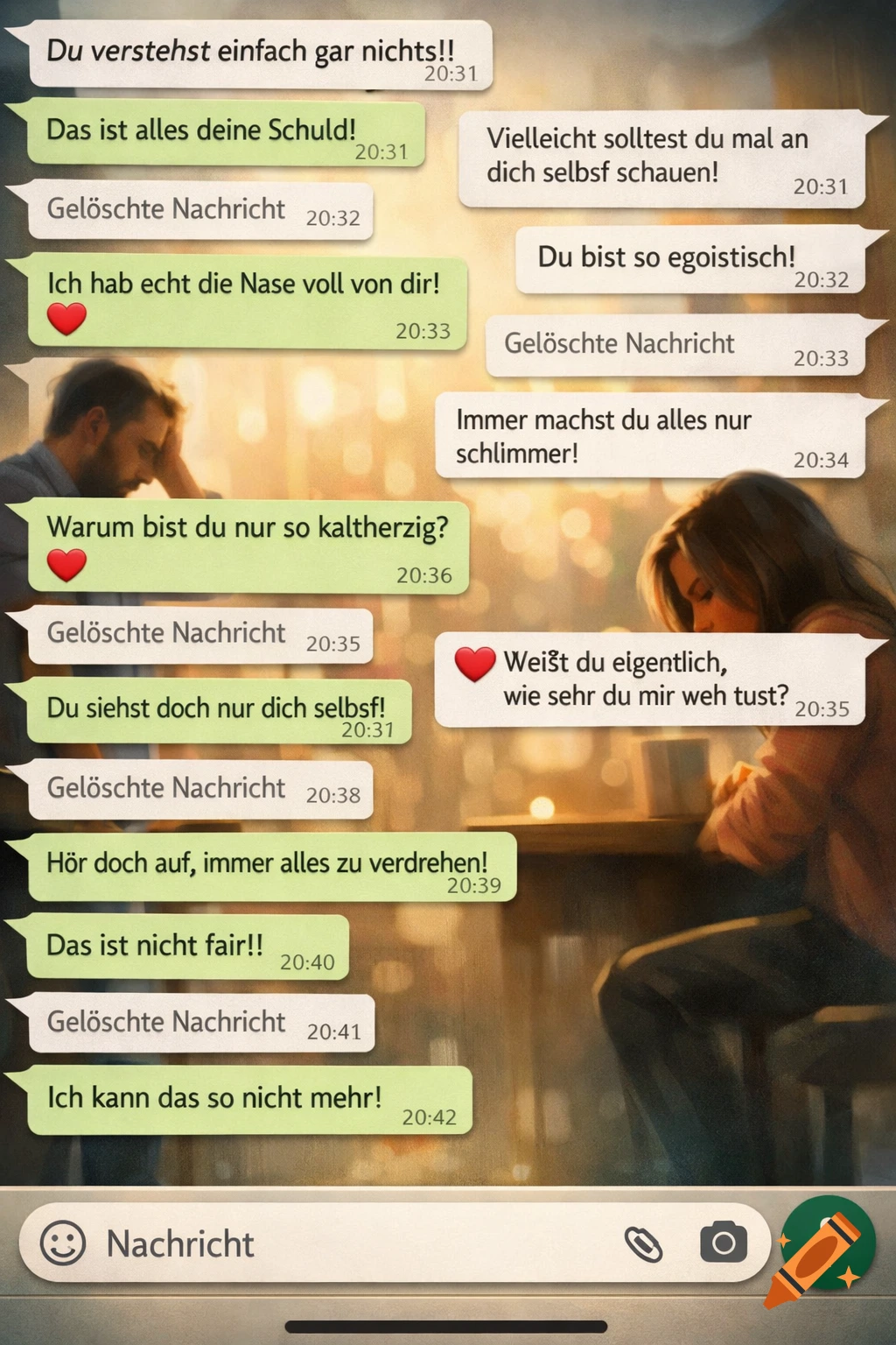 An illustration of a smartphone screen showing a WhatsApp-like chat conversation in German, depicting a heated argument between two people, with a man and a woman looking sad in the blurred background. Some messages include hearts, implying a deceptive attempt at kindness.