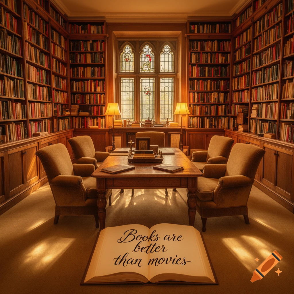 A grand, warm-lit library with tall bookshelves, a central table, armchairs, and an open book reading 'Books are better than movies'.