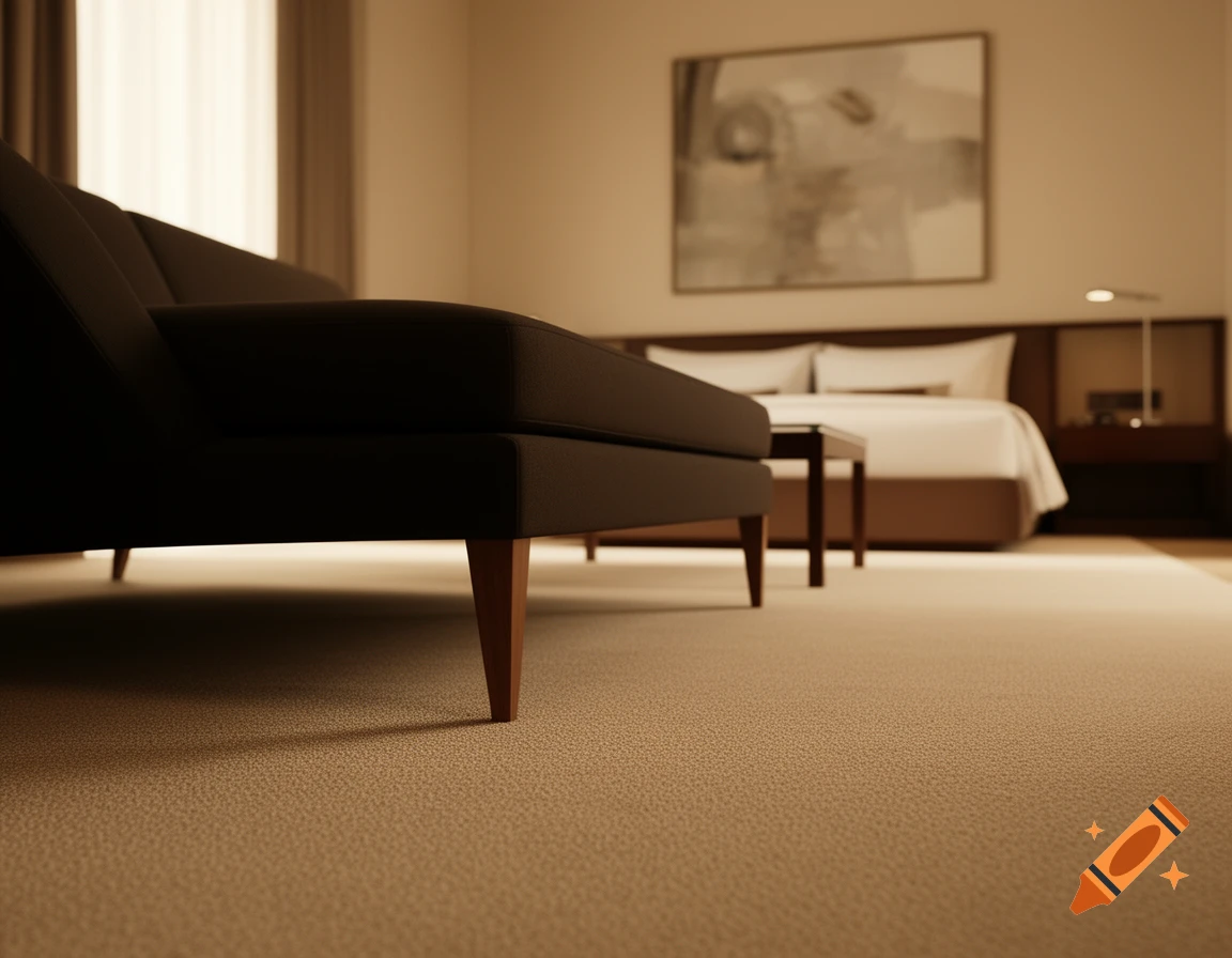 Photorealistic, low-angle view of a hotel room with a dark couch, coffee table, and bed in the background on beige carpet.
