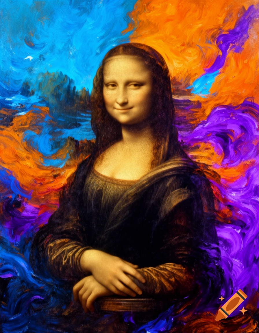 A portrait of Mona Lisa with her iconic smile, set against a vibrant, abstract background of swirling blue, orange, and purple paint strokes.