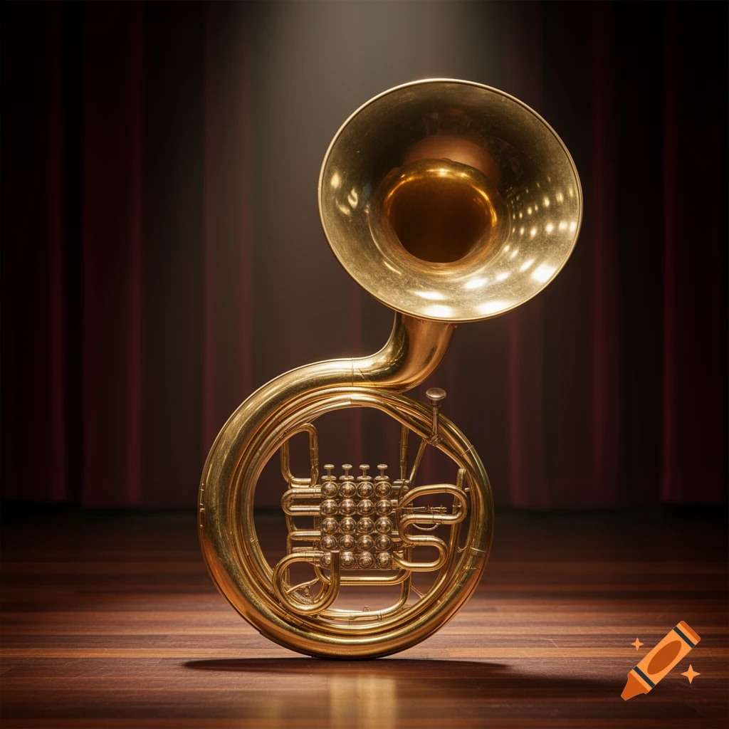 A shiny brass sousaphone stands on a wooden stage floor under a spotlight, against a deep red curtain.