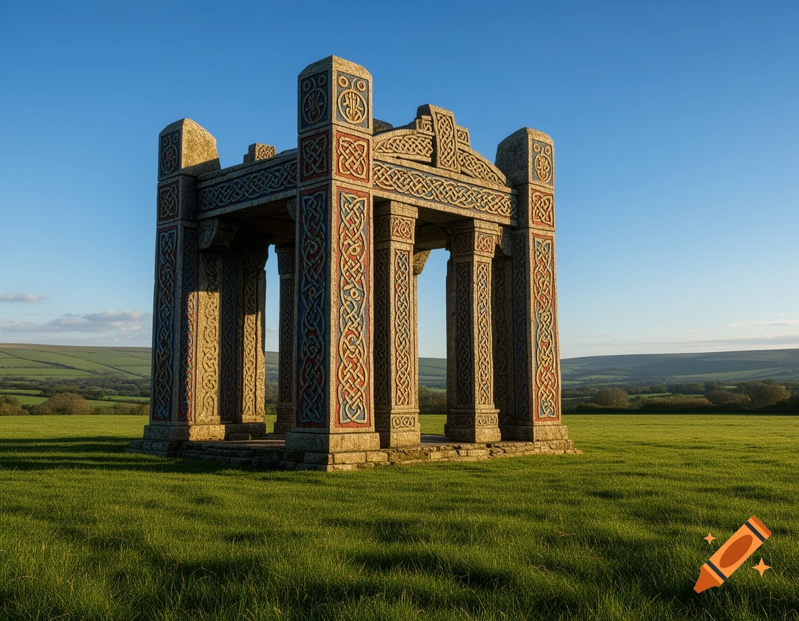 A stone Celtic temple with colorful painted patterns stands in a green field under a clear blue sky.