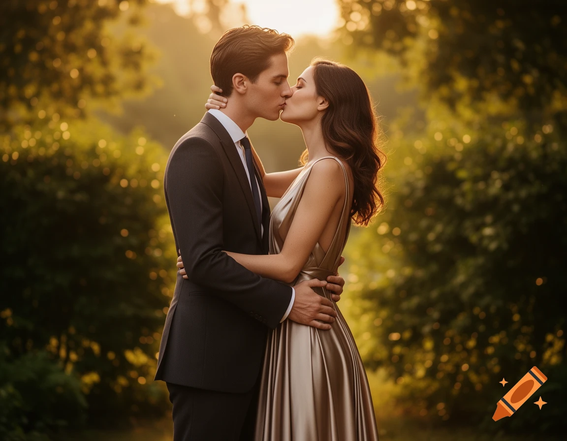 A man in a suit and a woman in a gold dress kissing deeply in a sun-drenched outdoor setting.