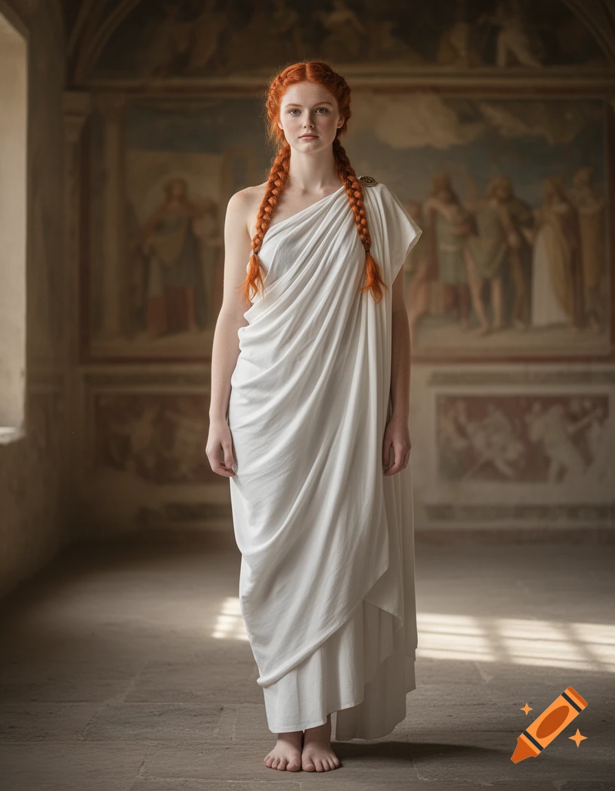 A photorealistic portrait of a young woman with long red braided hair, wearing a white Roman toga, standing barefoot in a classical hall with frescoes.