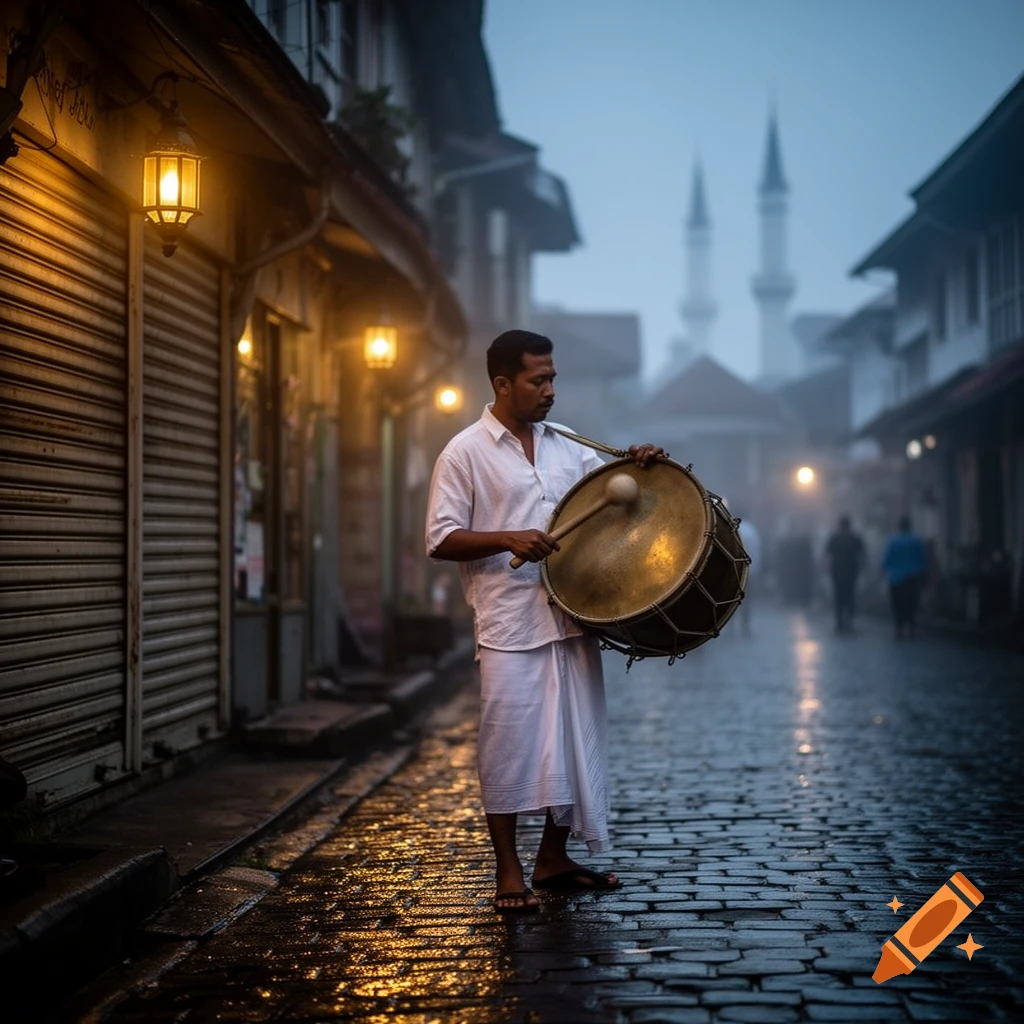 A man in white traditional clothing plays a large drum on a wet, cobblestone street at dawn with mosque minarets in the misty background.