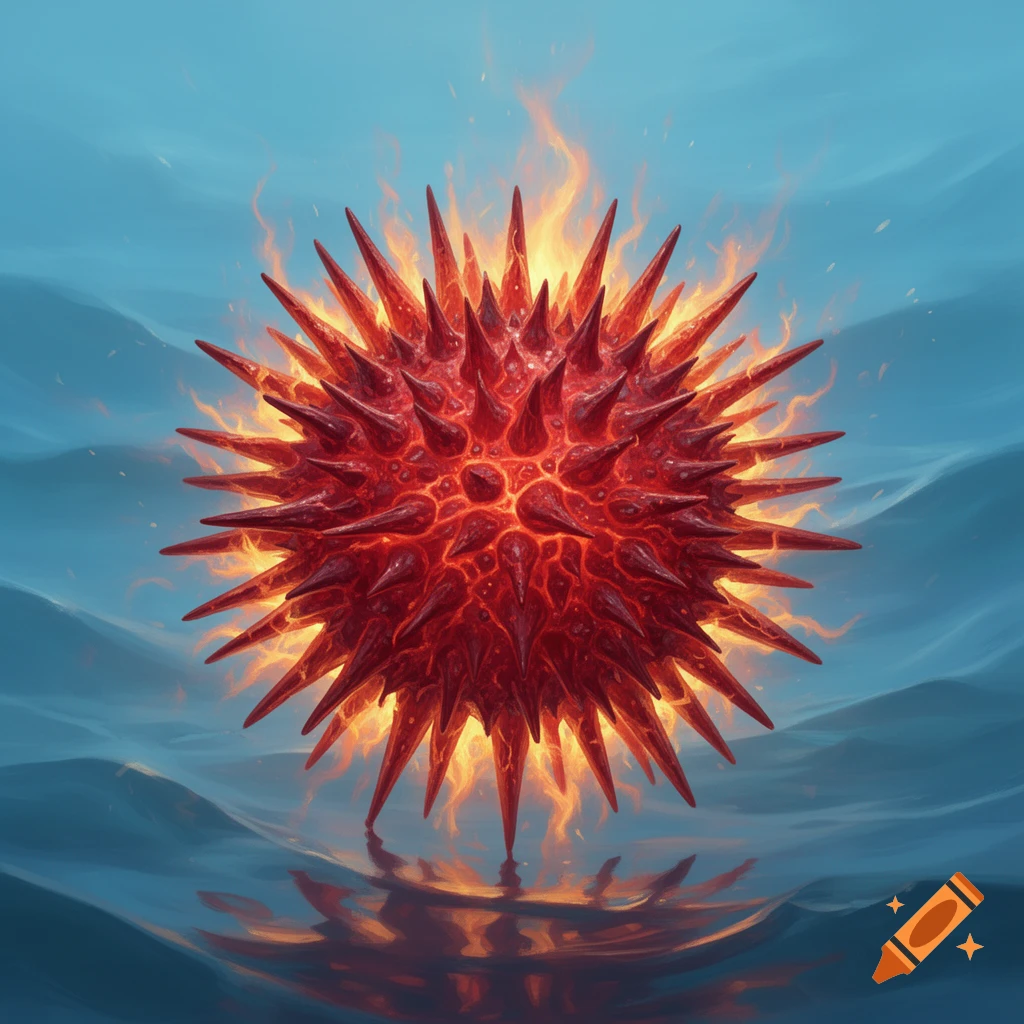 A fiery red spiky sphere, resembling a burning sea urchin, floats above rippling blue water, casting a glowing reflection.
