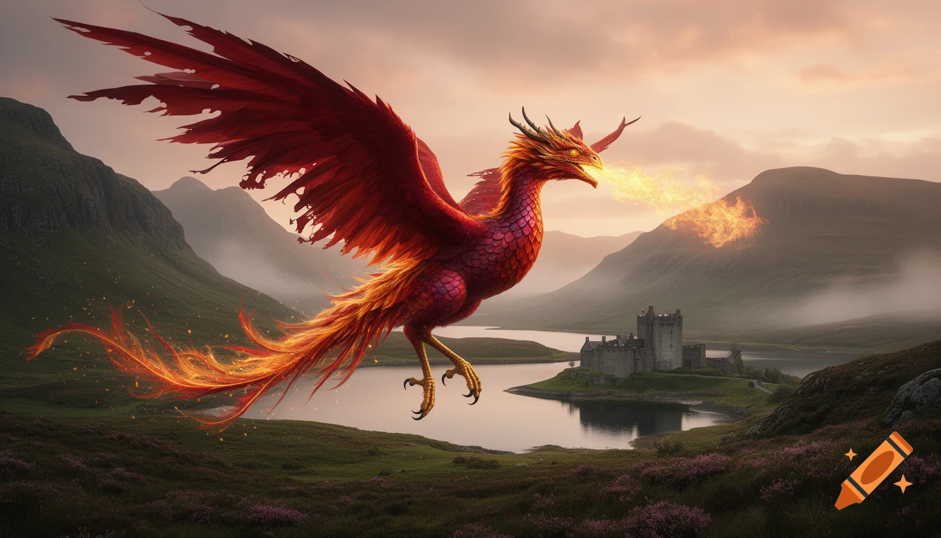 A majestic red and gold dragon-phoenix breathes fire while flying over a castle beside a loch in the Scottish Highlands at sunset.