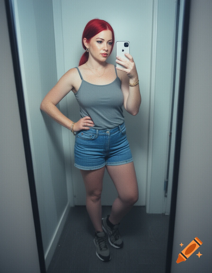 A woman with red hair and freckles takes a full-body mirror selfie, wearing a gray camisole, denim shorts, and sneakers.