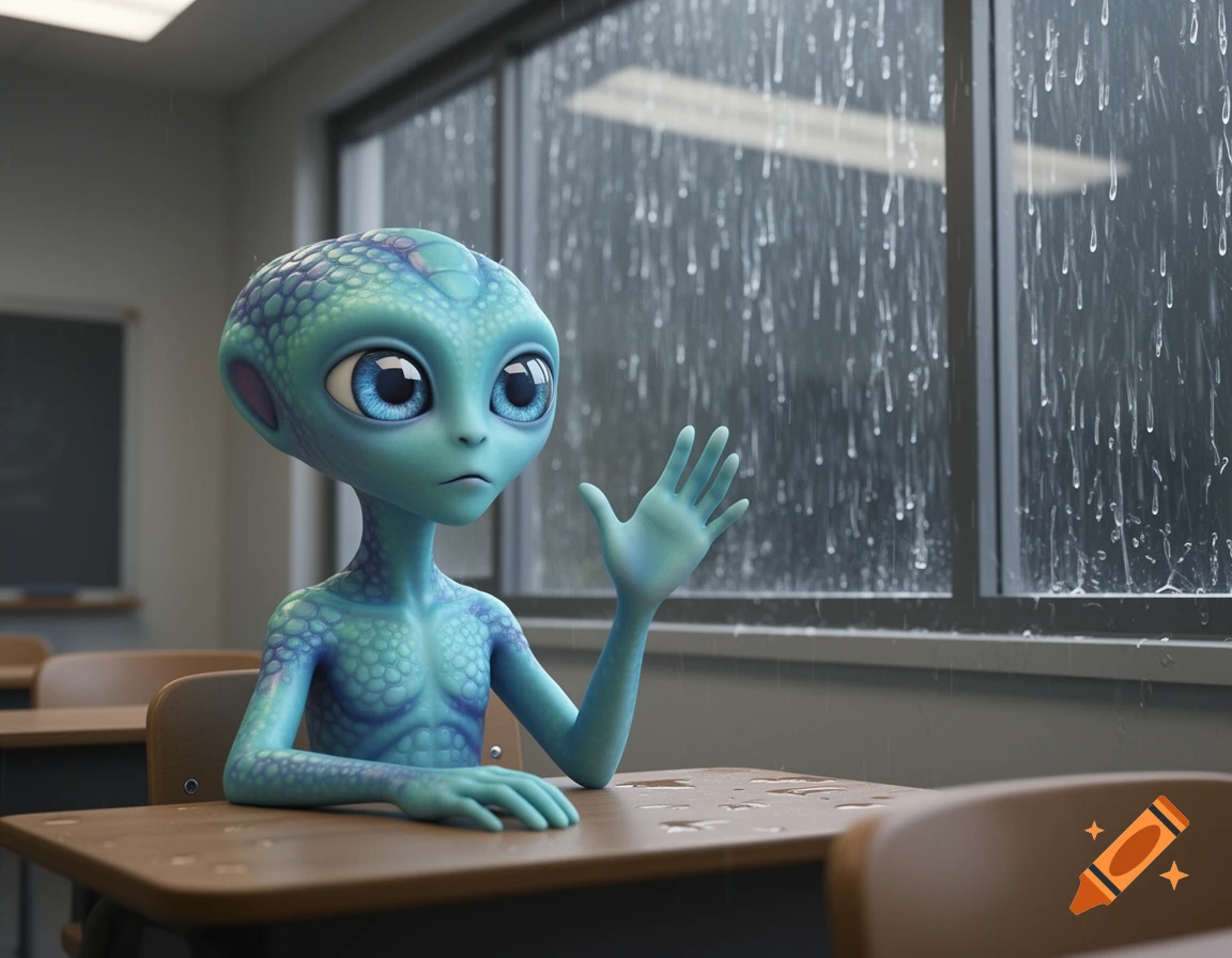 Cute 3D blue alien with scales raising its hand in a classroom with rain falling heavily outside the window.