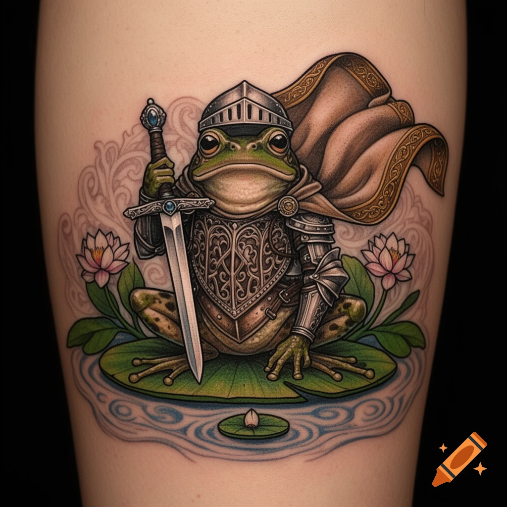 A vibrant tattoo of a frog knight in medieval armor holding a sword, sitting on a lily pad with lotus flowers.