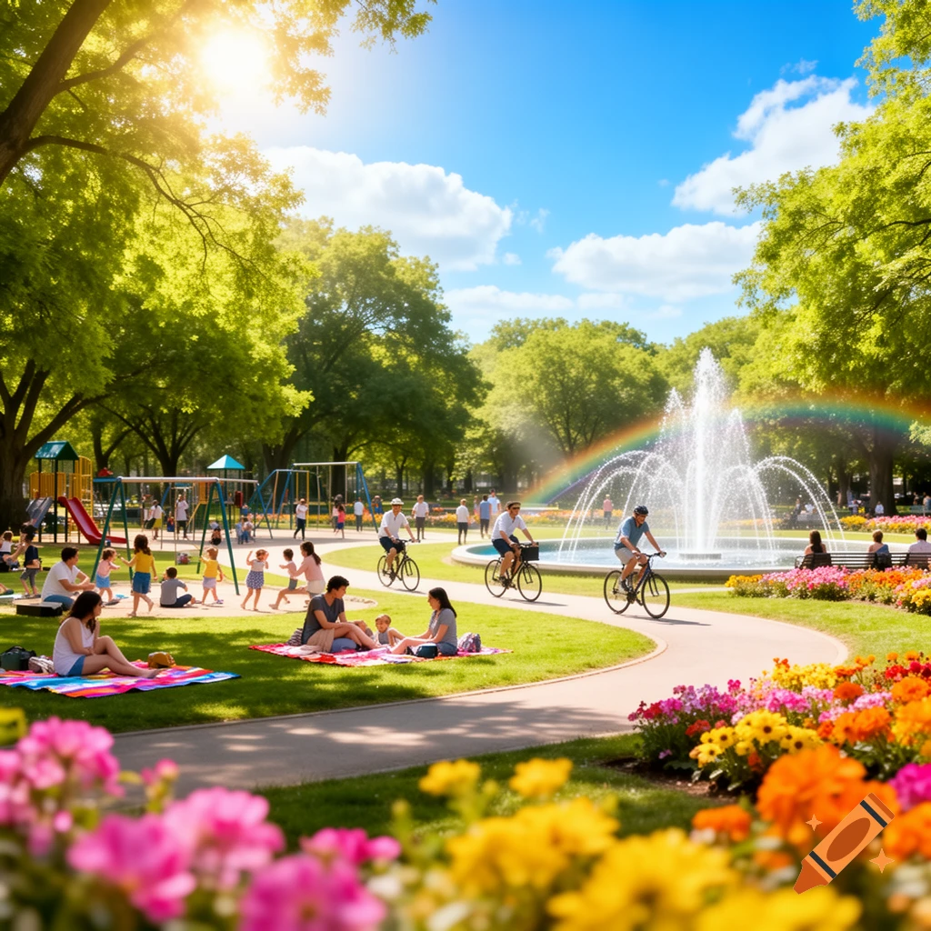 A vibrant, sunny park scene with people picnicking, cycling, and playing, featuring a fountain with a rainbow, lush trees, and colorful flowers.