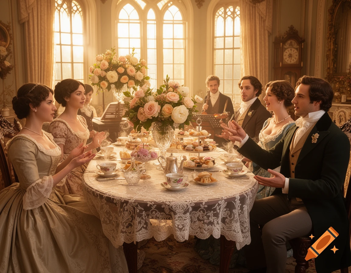 A lavish Regency-era tea party with elegantly dressed people seated around a table laden with food and flowers in a grand room with large windows.