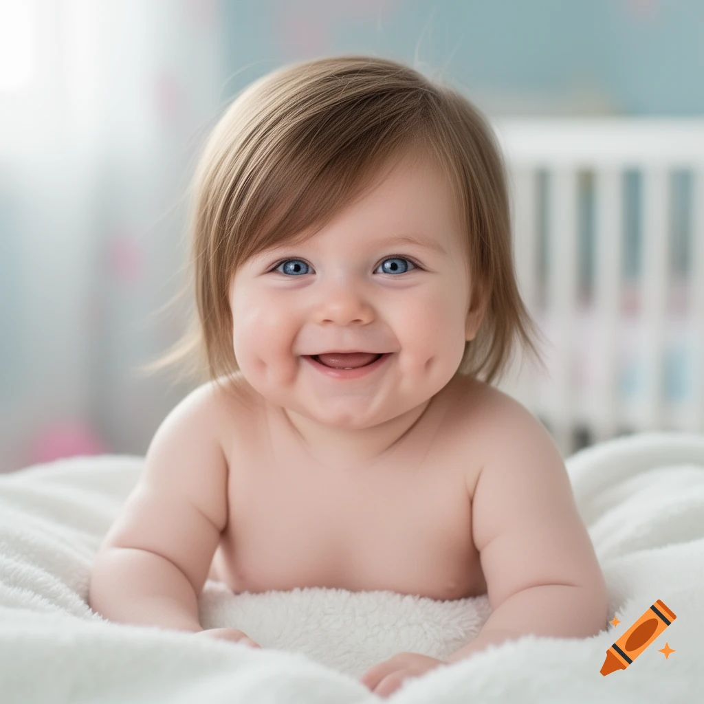 Close-up of a smiling baby with blue eyes, light brown hair, and dimples, lying on a white blanket.
