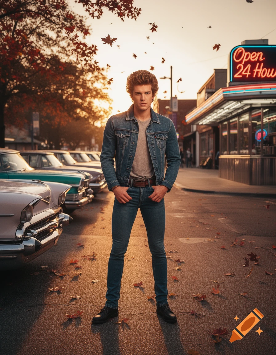 A young man in a denim jacket and jeans stands on an autumn street with ...