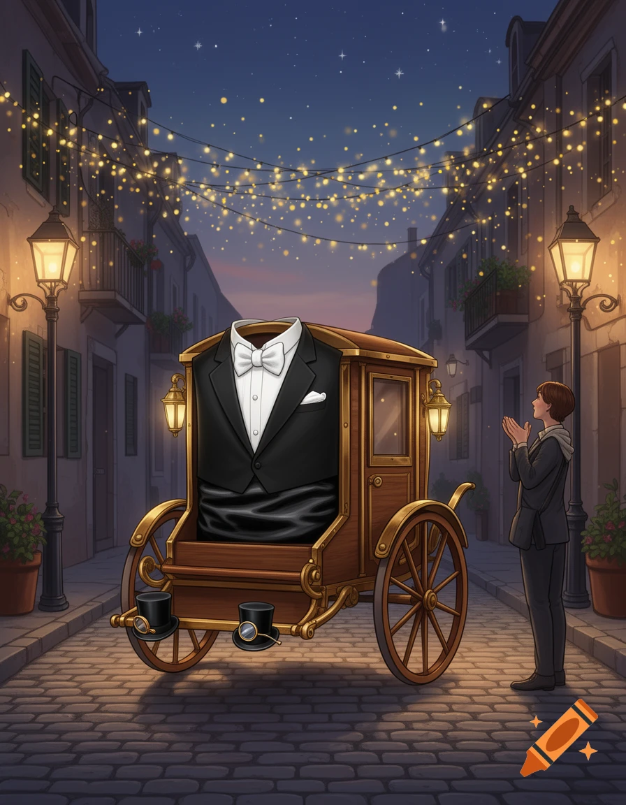 An illustrated scene of a tuxedo in a wooden cart, parked on a cobblestone street at night, with a person looking at it under string lights.