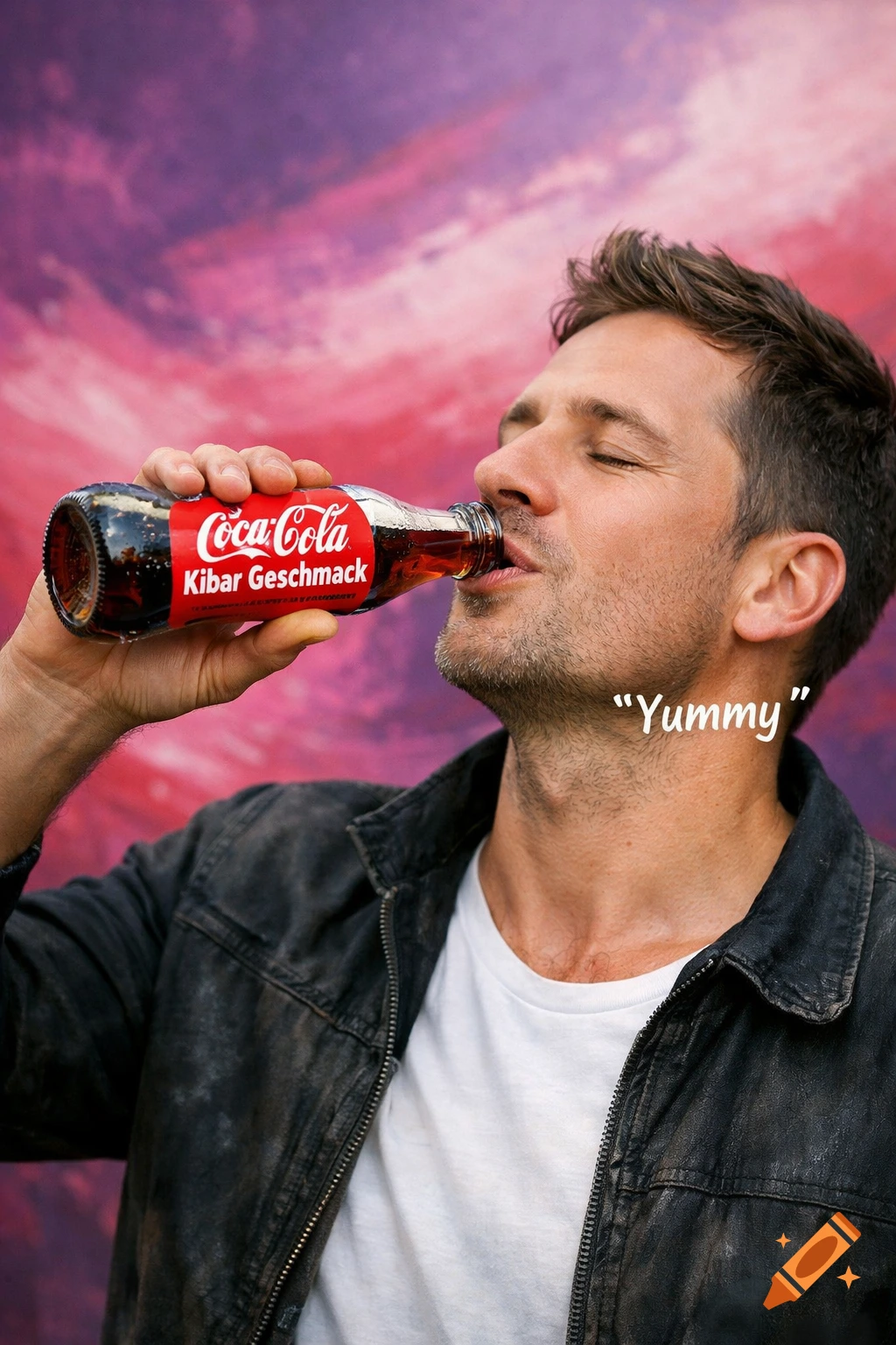 A man with closed eyes drinks from a Coca-Cola bottle labeled "Kibar Geschmack" against a pink and purple background. "Yummy" is written nearby.