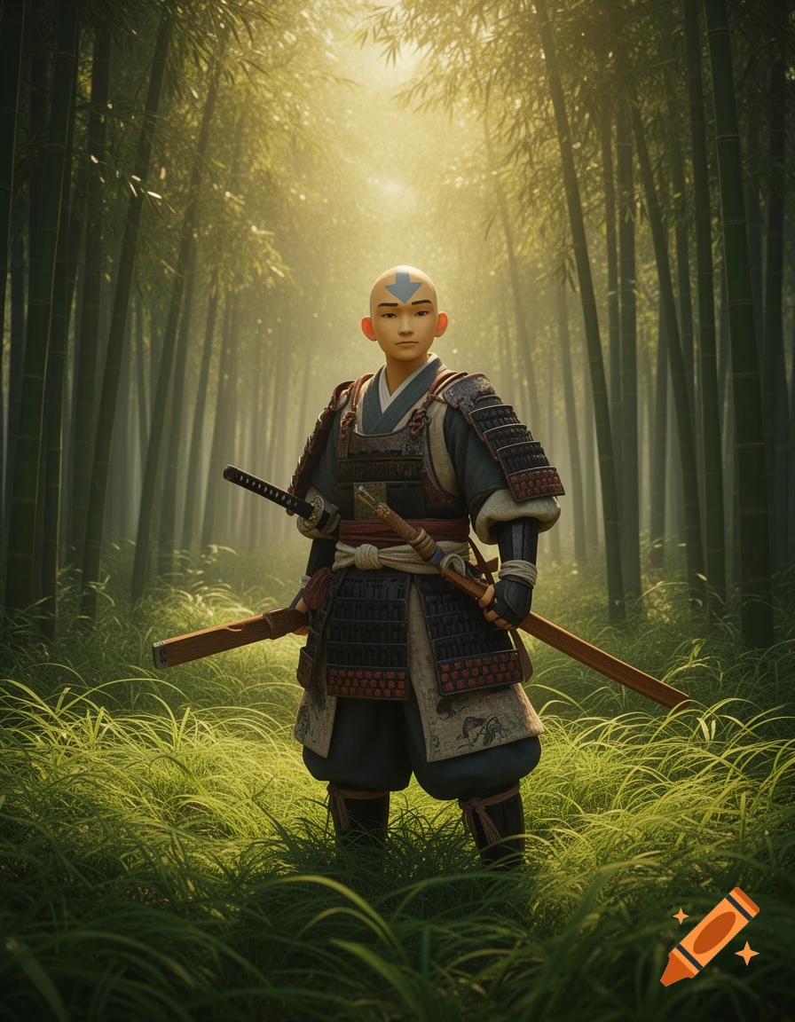 A bald character resembling Aang in samurai armor holds two katanas while standing in a vibrant, sunlit bamboo forest.