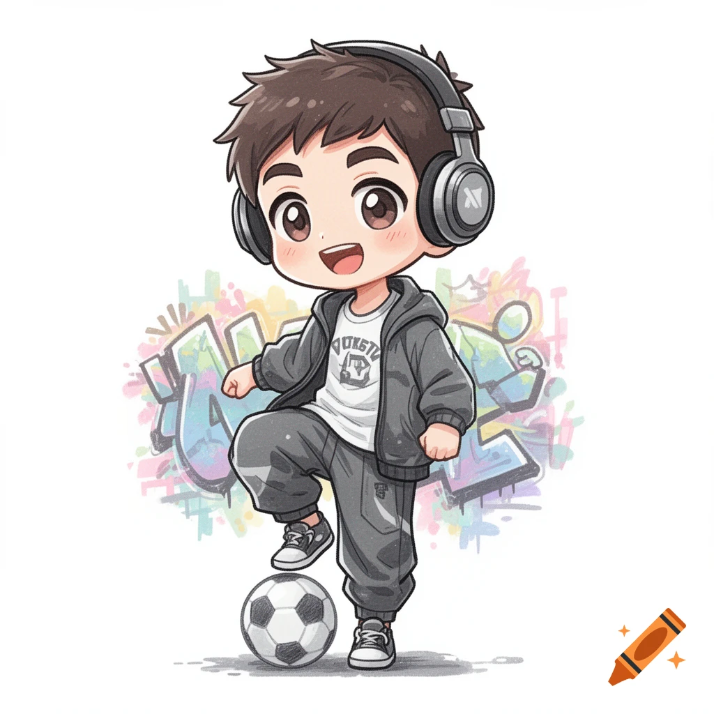 A chibi boy with headphones and streetwear steps on a soccer ball, set against colorful graffiti.