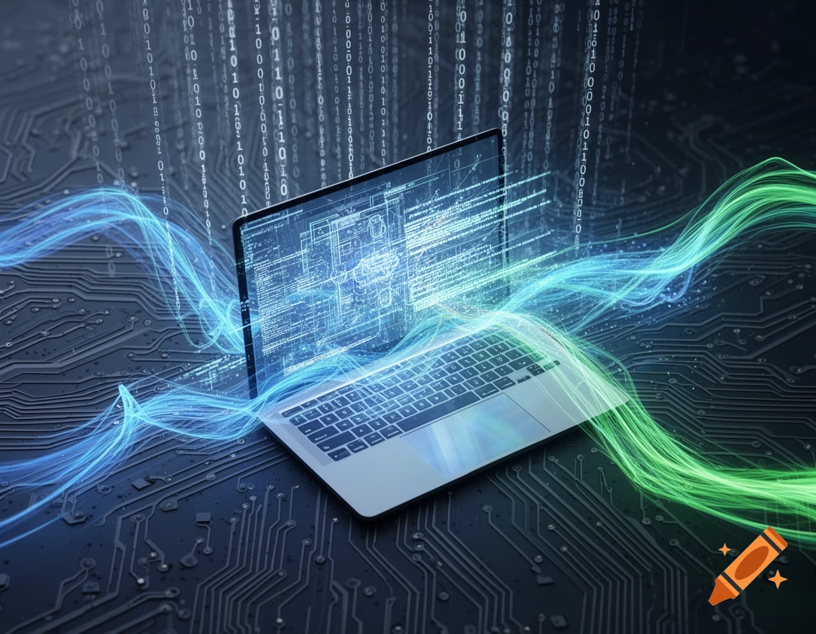 Digital art of a laptop on a circuit board with binary code and glowing blue/green data streams, symbolizing technology.