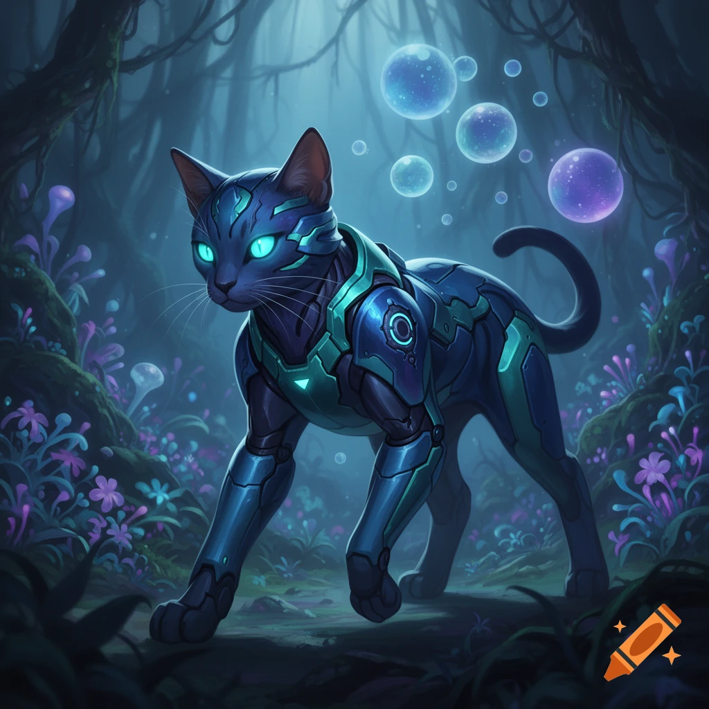 A blue and green robotic cat with glowing eyes walks through a dark ...