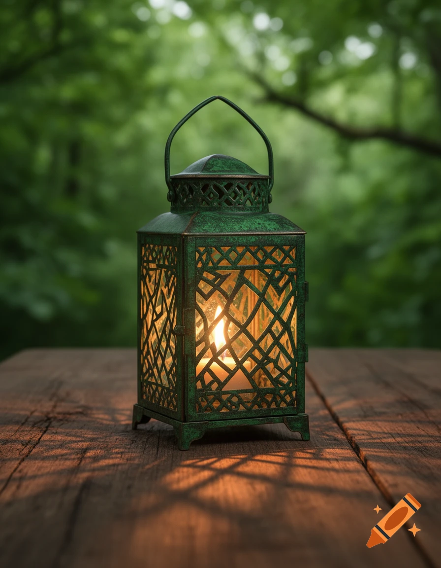 A green ornamental lantern with a lit candle inside sits on a rustic wooden table, casting intricate shadows, with a soft green forest background.