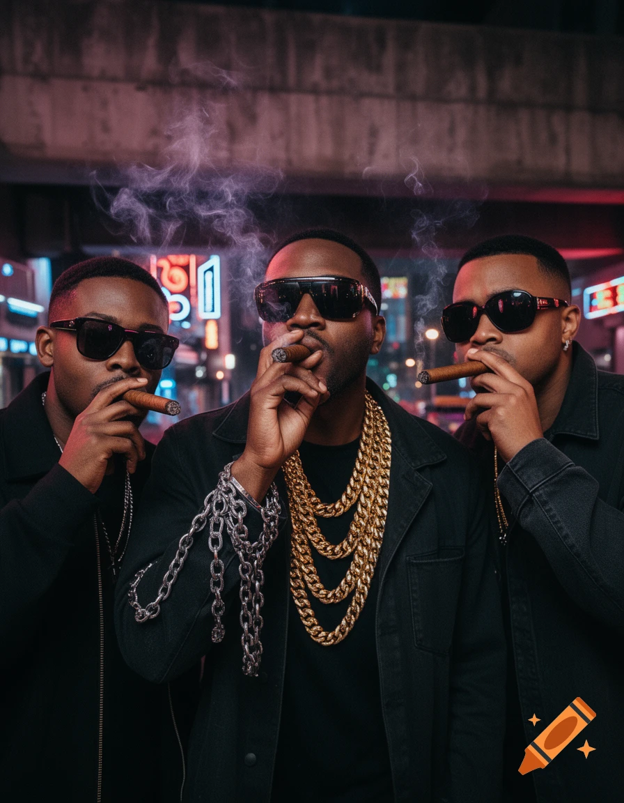 Three men in sunglasses and dark jackets pose under neon lights, smoking cigars. The central figure wears multiple gold and silver chains.
