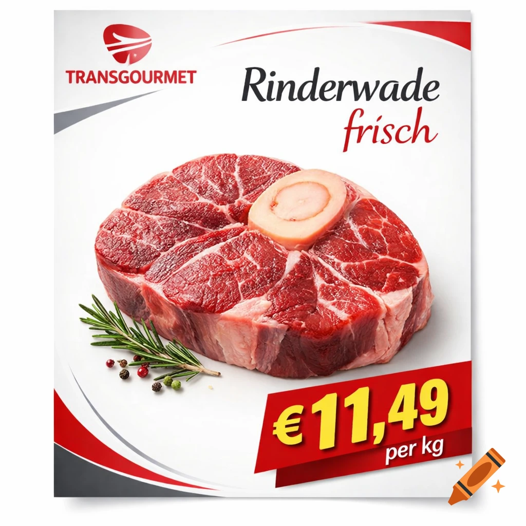 A Transgourmet sales flyer for fresh beef shin (Rinderwade) showing a raw beef cut with bone, rosemary, and peppercorns, priced at \u20ac11.49 per kg.