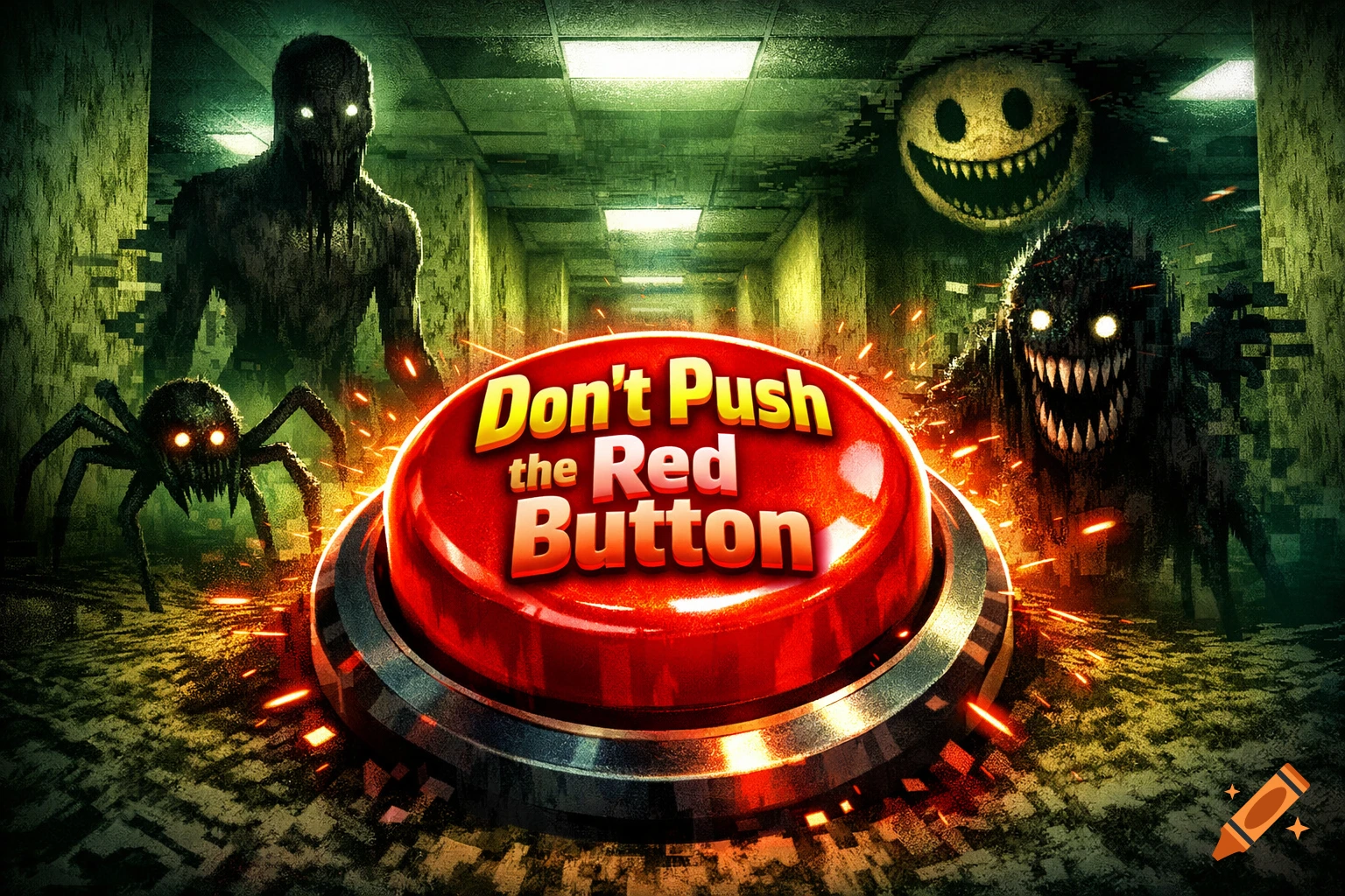 A red button with "Don't Push the Red Button" text in a dimly lit ...