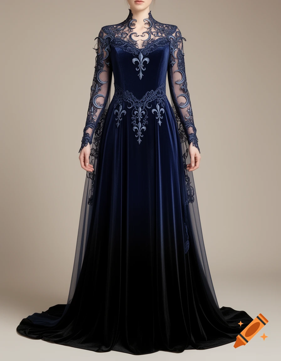 A long, elegant navy blue and black velvet elven dress with intricate lace featuring crescent moon and fleur-de-lis patterns on a mannequin.