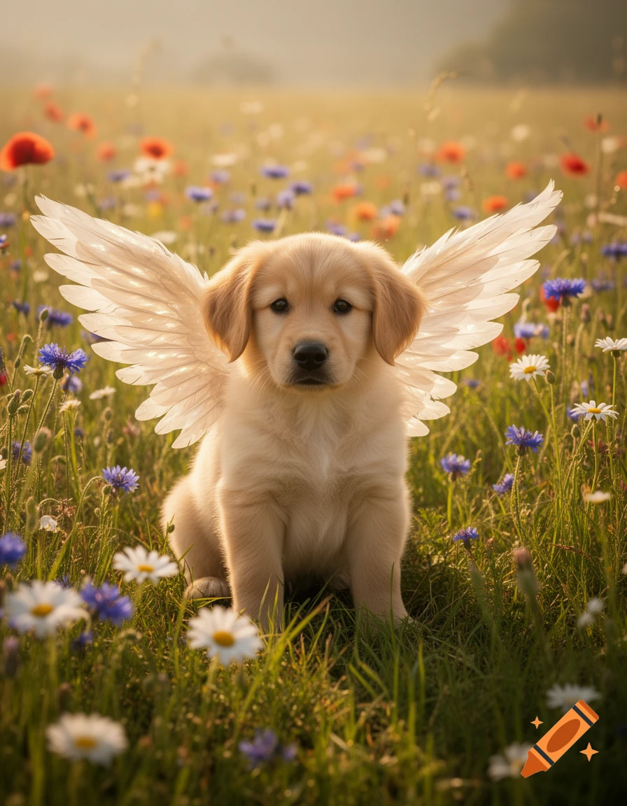 A fluffy golden retriever puppy with white feathered wings sits among colorful wildflowers in a sunlit field, photorealistic style.