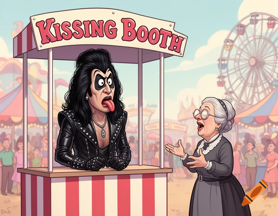 Cartoon of Gene Simmons in a kissing booth, sticking out his tongue, as an old woman talks to him at a carnival.