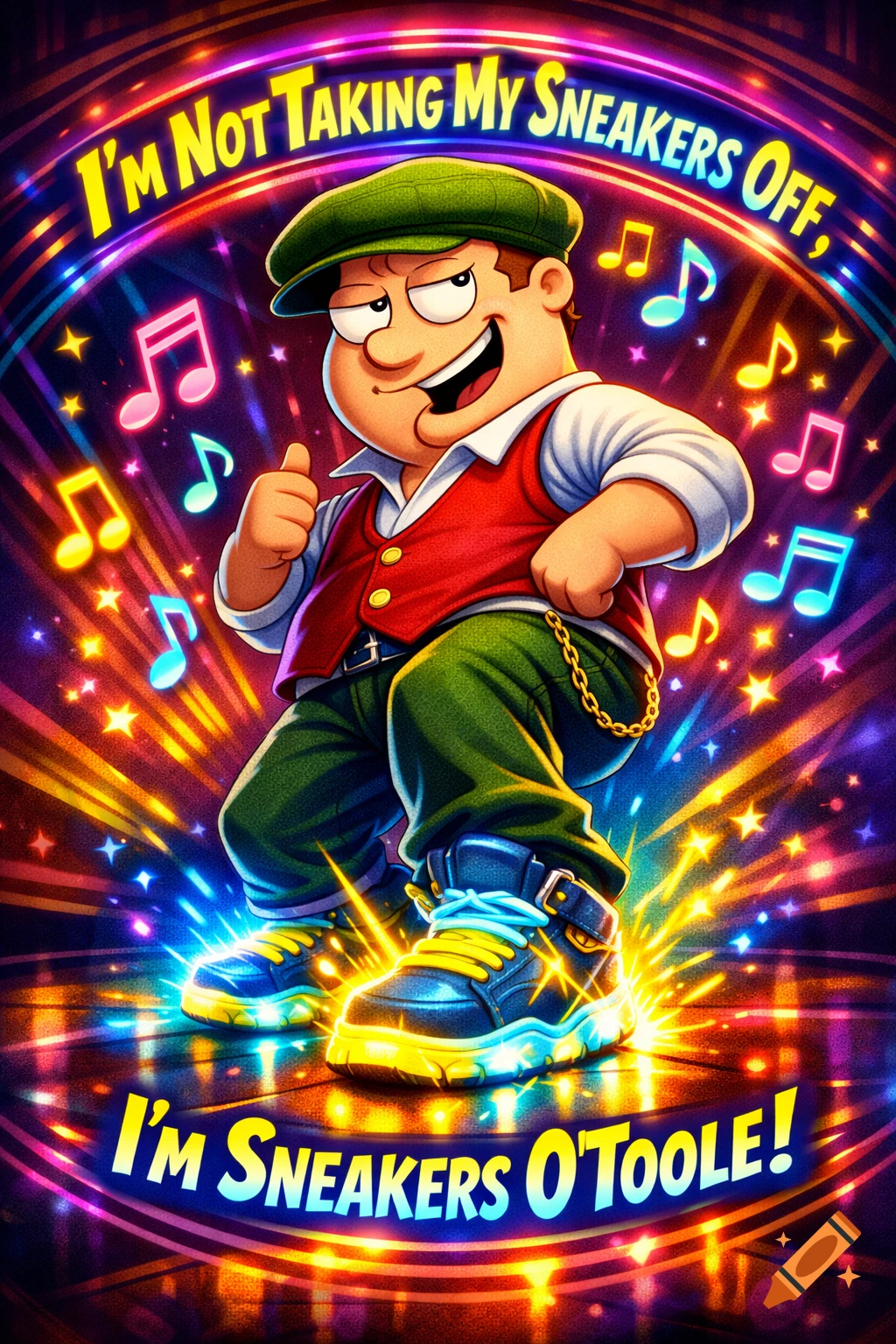 Vibrant cartoon of Sneakers O'Toole in a green cap and red vest, dancing with glowing sneakers. Text: 'I'm not taking my sneakers off, I'm Sneakers O'Toole!'