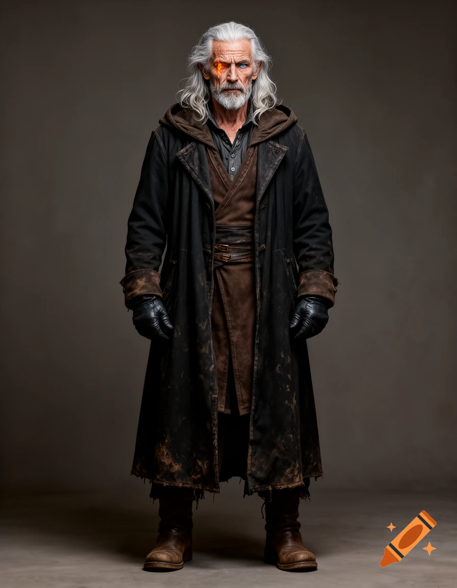 A stern, elderly man with long white hair, a beard, and mismatched ...