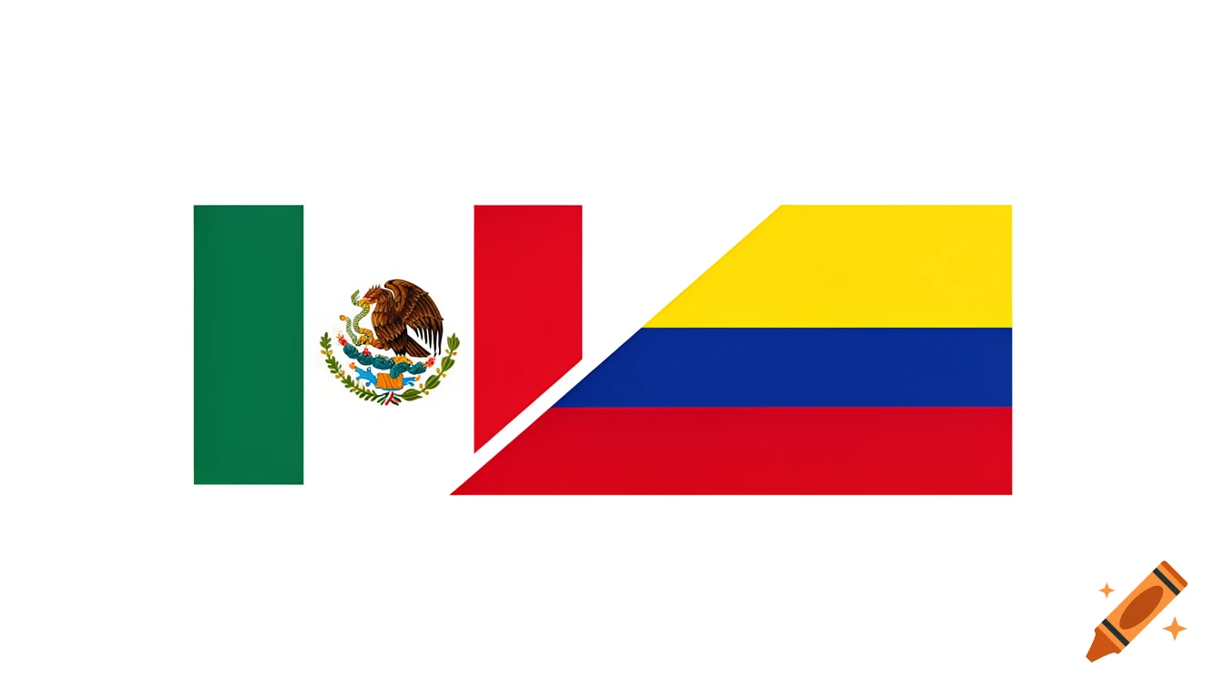 A diagonal split image showing the Mexican flag on the left and the Colombian flag on the right.