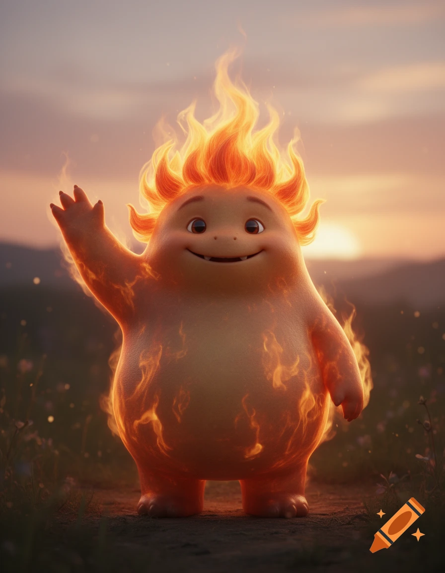A cute, round, fiery monster with flame hair waves its arm and smiles in a field at sunset, looking like a cartoon character.