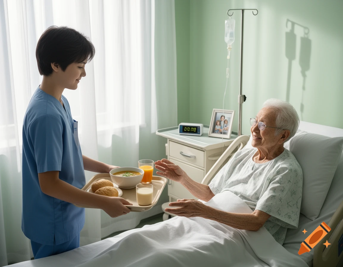 A young caregiver in blue scrubs brings a tray with soup, rolls, orange juice, and milk to an elderly patient smiling in a hospital bed.