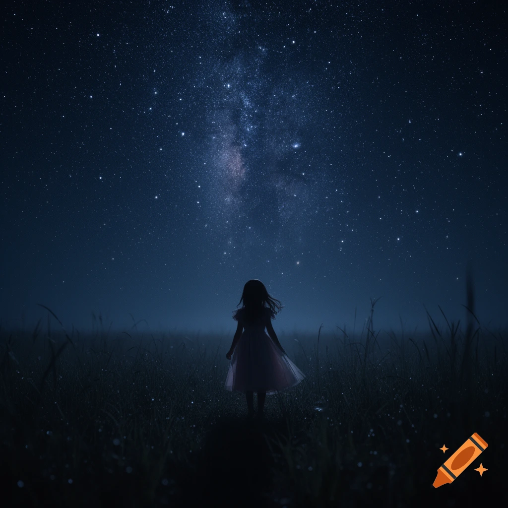 Silhouette of a small child standing in a field under a vast, star-filled night sky.