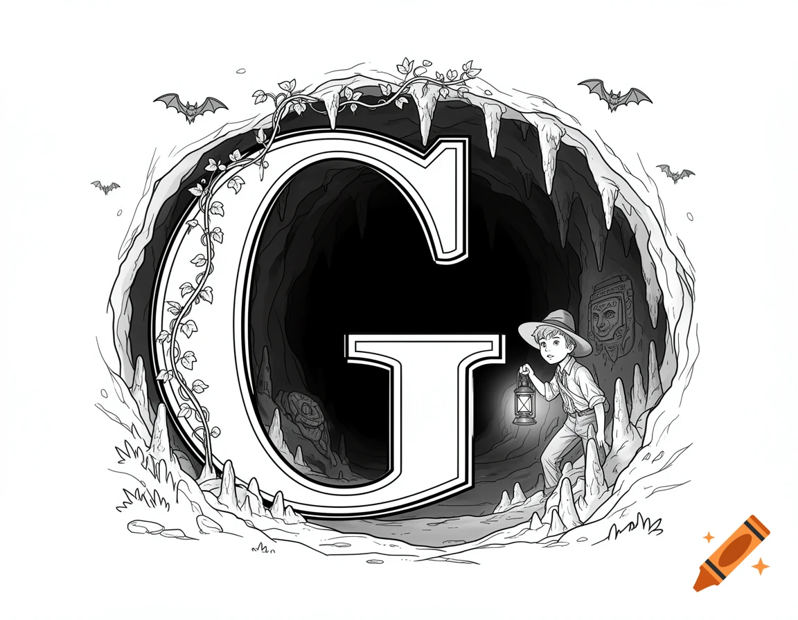 Black and white line art of a boy with a lantern inside a cave shaped like the letter G, with bats flying above.