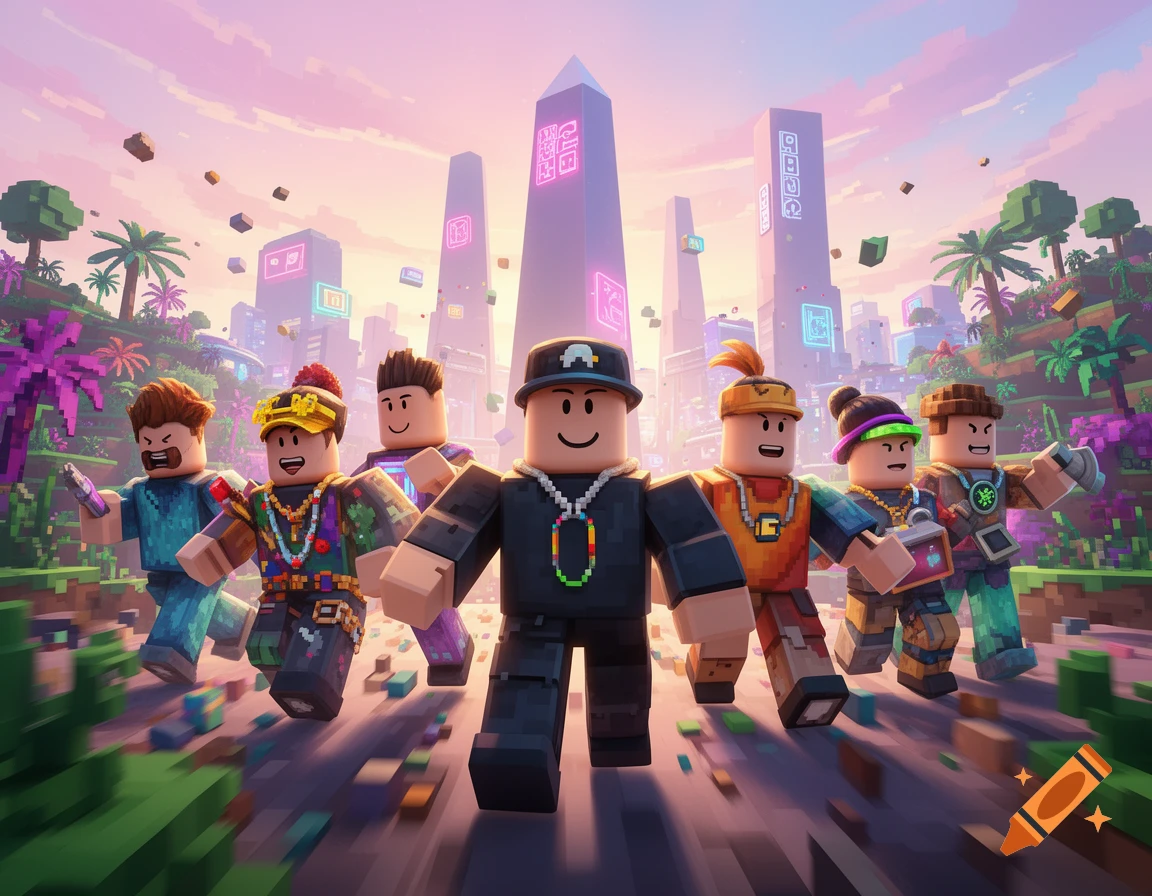 A group of Roblox-style characters running through a pixelated, futuristic city with neon buildings and floating blocks under a colorful sky.
