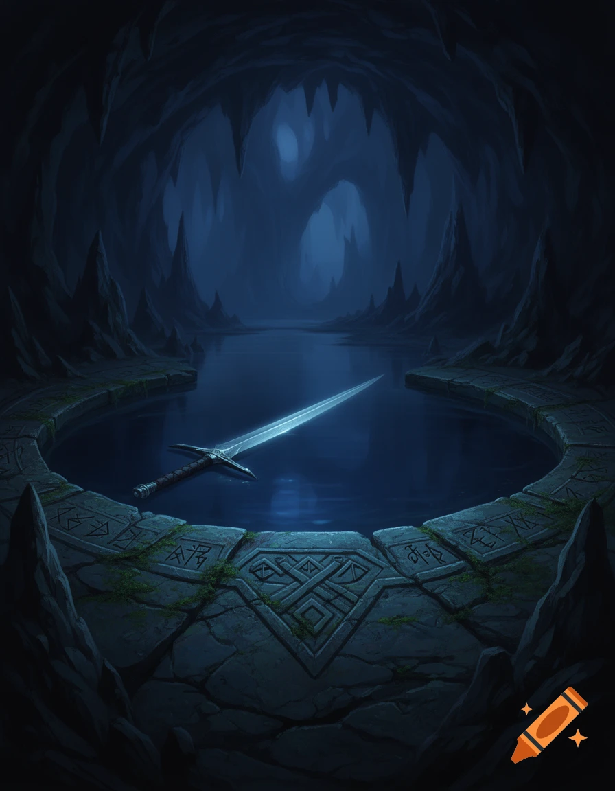 A glowing sword lies in a calm, dark subterranean pool within a rocky cave, etched with runic patterns, in a dark fantasy painterly style.