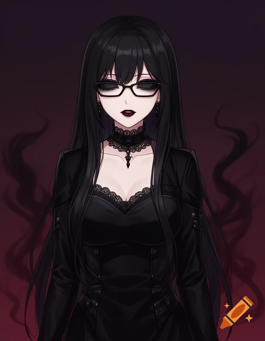 Anime-style portrait of a goth woman with long black hair, glasses, dark makeup, and a black lace dress.