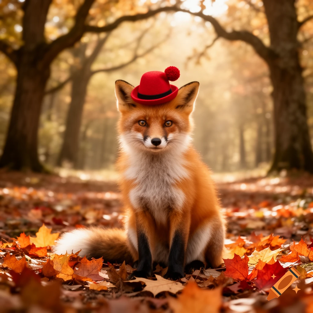 A cute photorealistic fox wearing a small red hat sits amidst fallen ...
