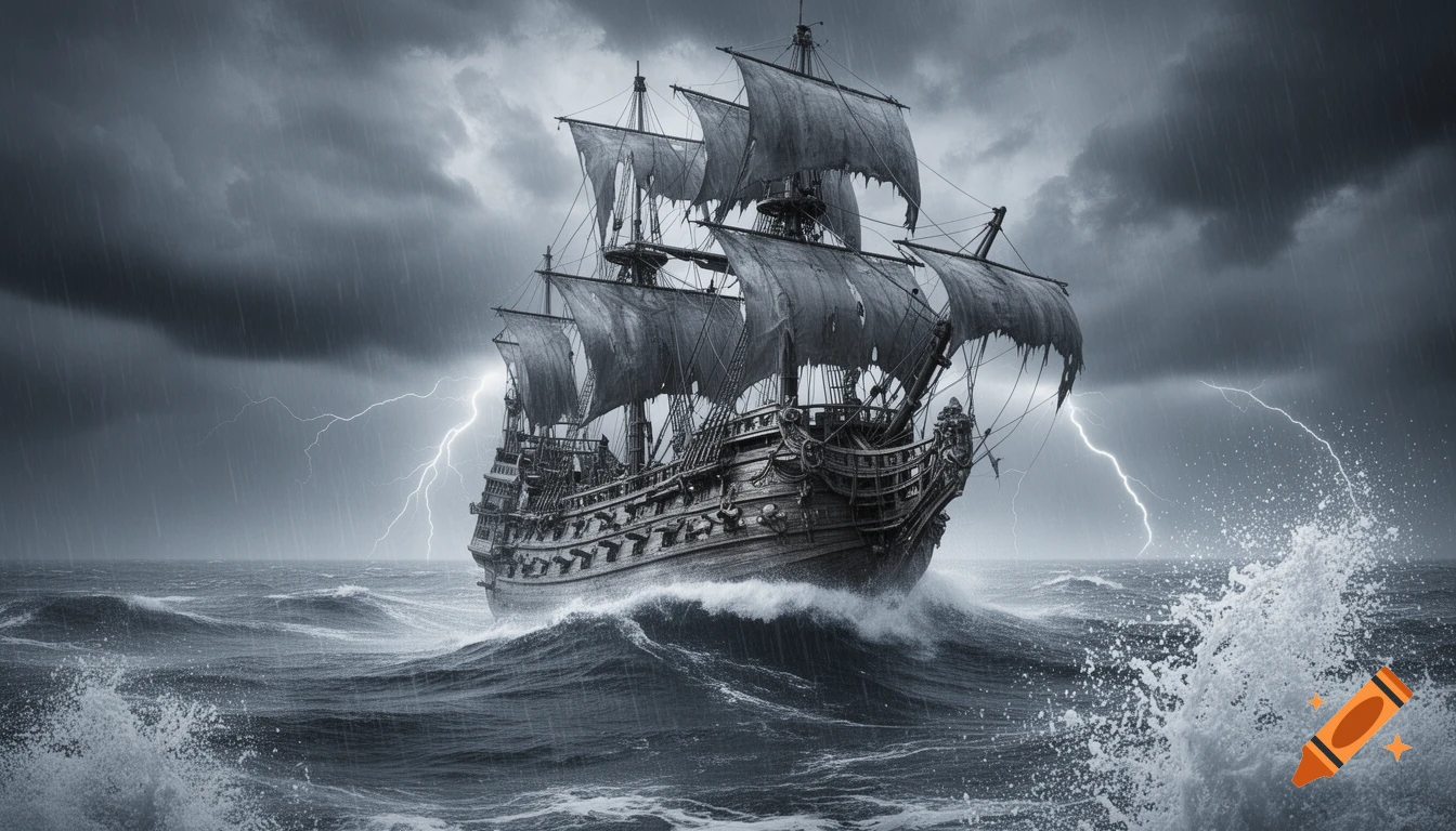Grayscale image of a grand sailing ship with tattered sails braving a stormy sea with lightning.