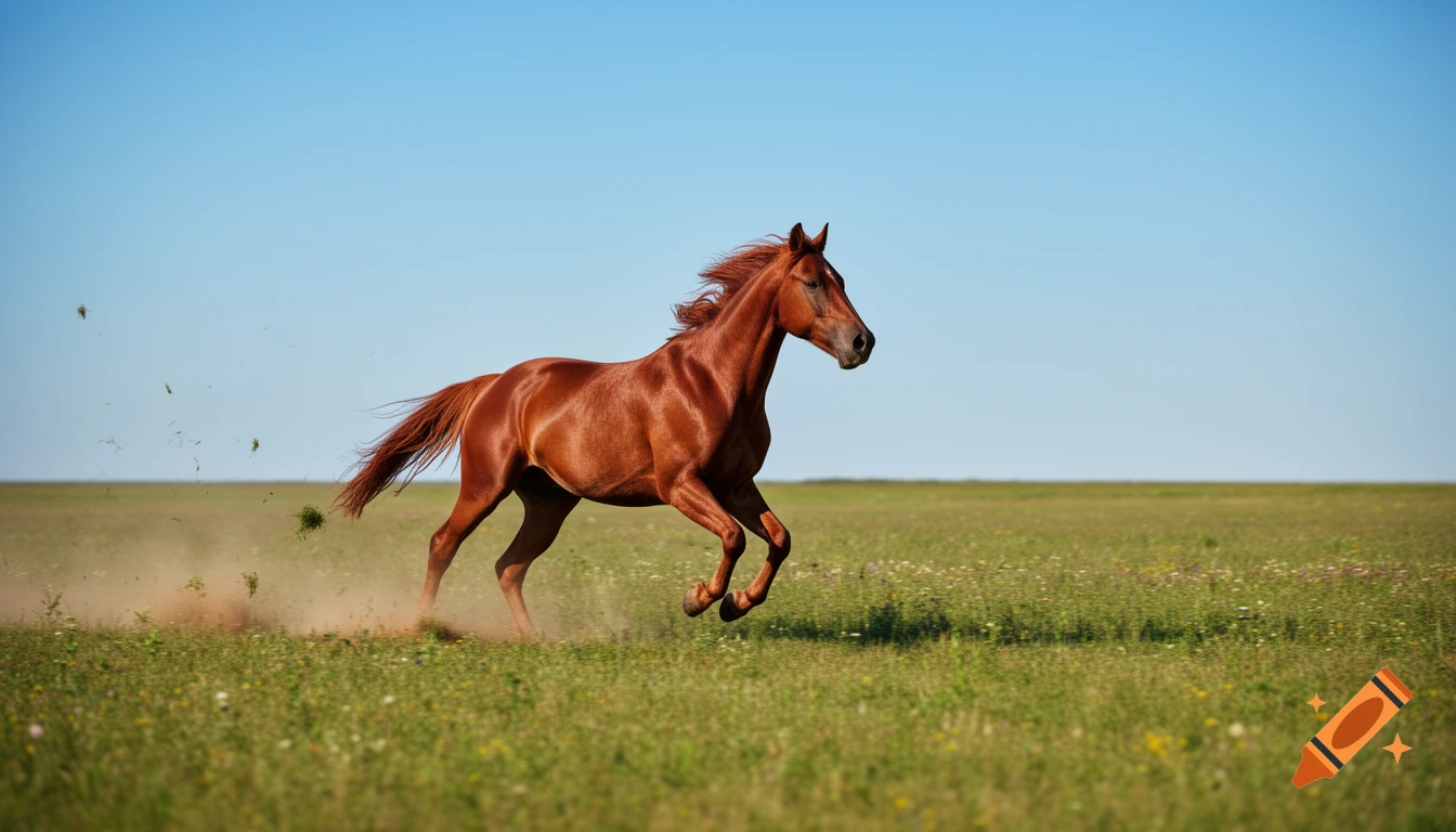 A majestic brown horse gallops across a vast green field, kicking up dirt, under a clear blue sky.