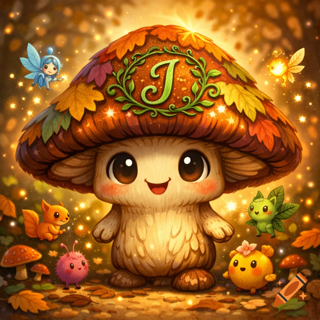 Cute anthropomorphic mushroom with a J on its cap, surrounded by small forest creatures and fairies in a sparkling autumnal forest.