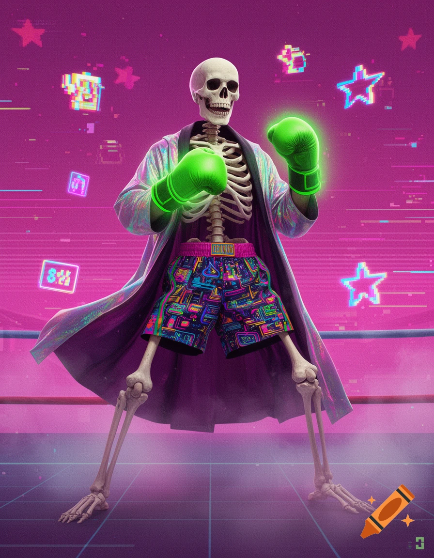 A skeleton boxer in glowing neon green boxing gloves, colorful patterned shorts, and a robe, in a retro 80s pink ring.