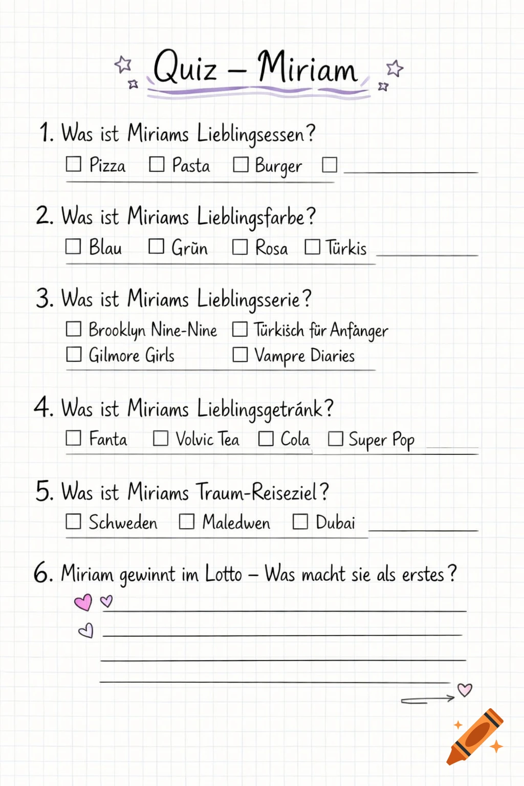 A handwritten German quiz sheet titled 'Quiz - Miriam' on a grid paper background, featuring 6 questions with multiple choice options and fill-in-the-blank lines, decorated with small hearts and stars.