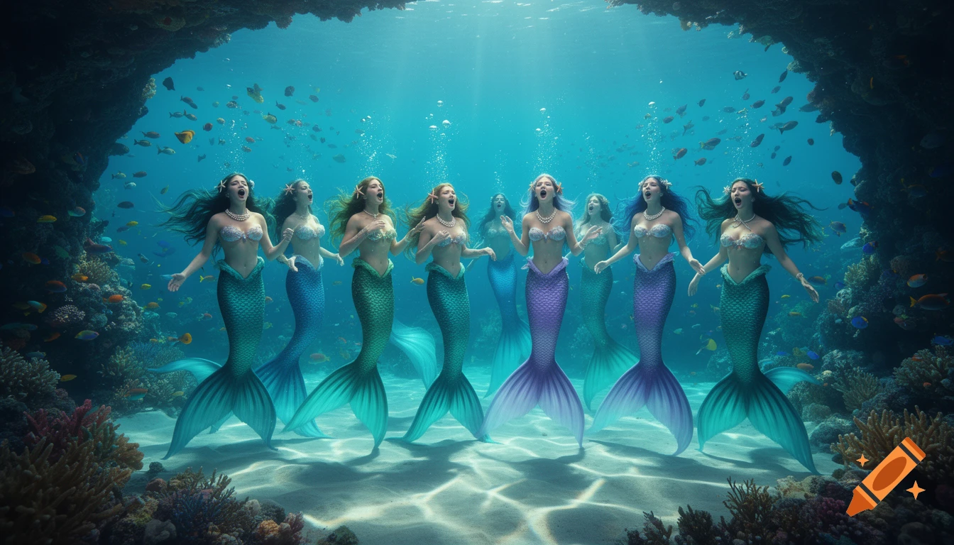 A group of mermaids with colorful tails and flowing hair sings underwater among coral reefs and fish, bathed in dappled sunlight.